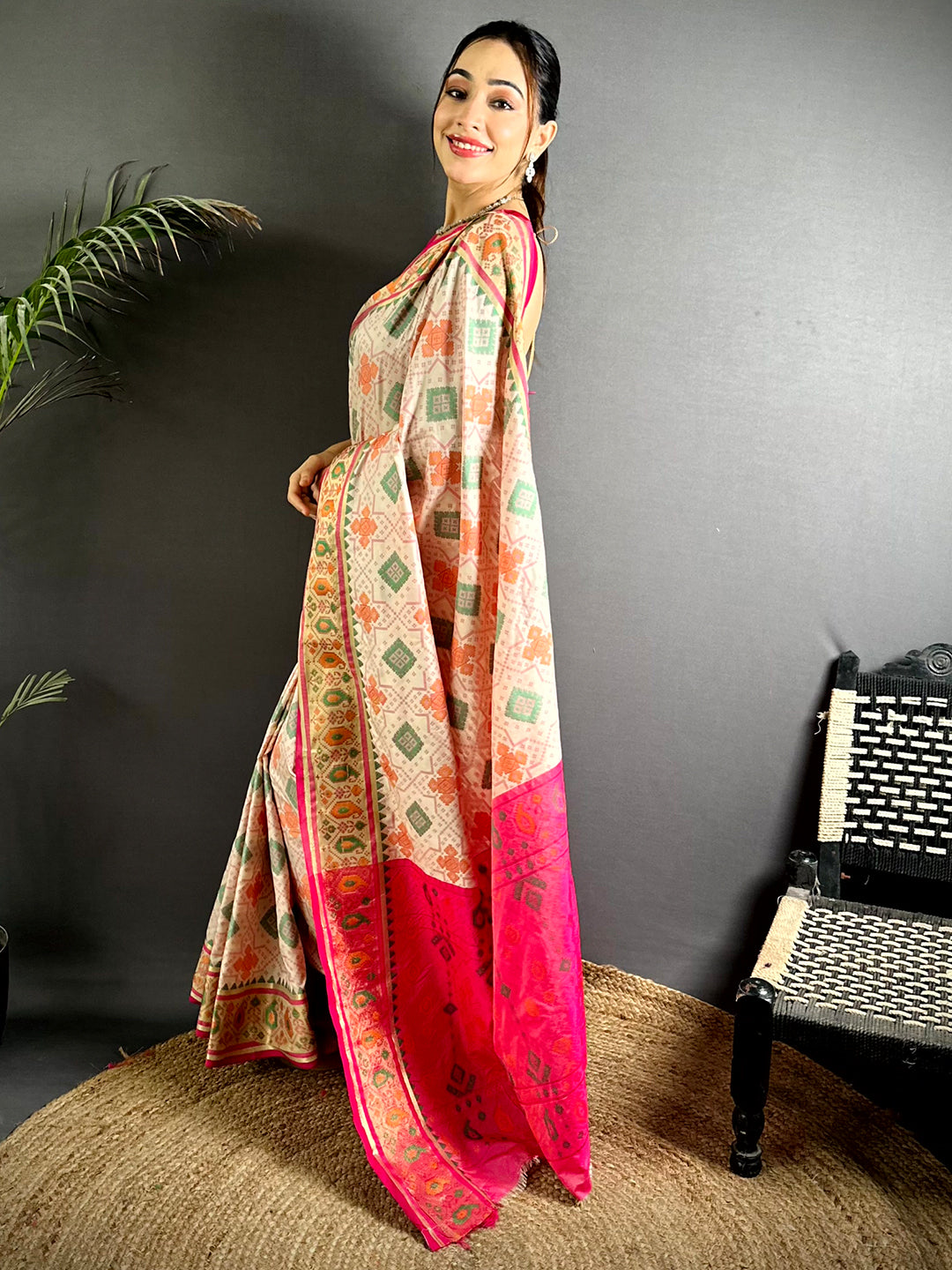White Soft Silk Saree With Patola Weaving