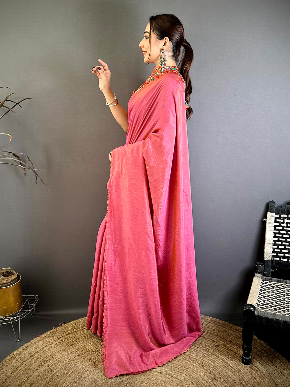 Rose Pink Silk Resham Embroidery Cutwork Saree
