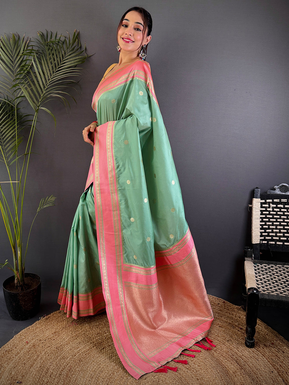 Pista Soft Silk Floral Butta Saree
