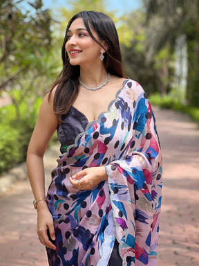 Navy Batik and Polka Dots Print Saree, elegant design