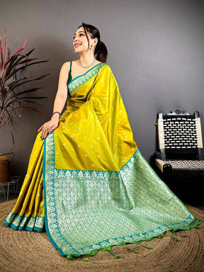 Lime Yellow Royal Gadwal Silk Saree