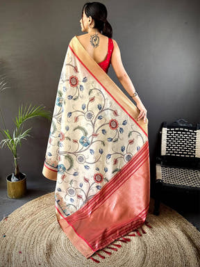 Cream Digital Kalamkari Printed Tussar Silk Saree