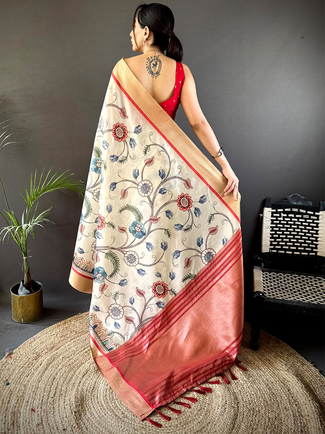 Cream Digital Kalamkari Printed Tussar Silk Saree