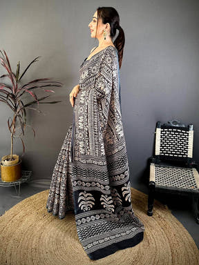 Black Ajrakh Print Semi Tussar Saree