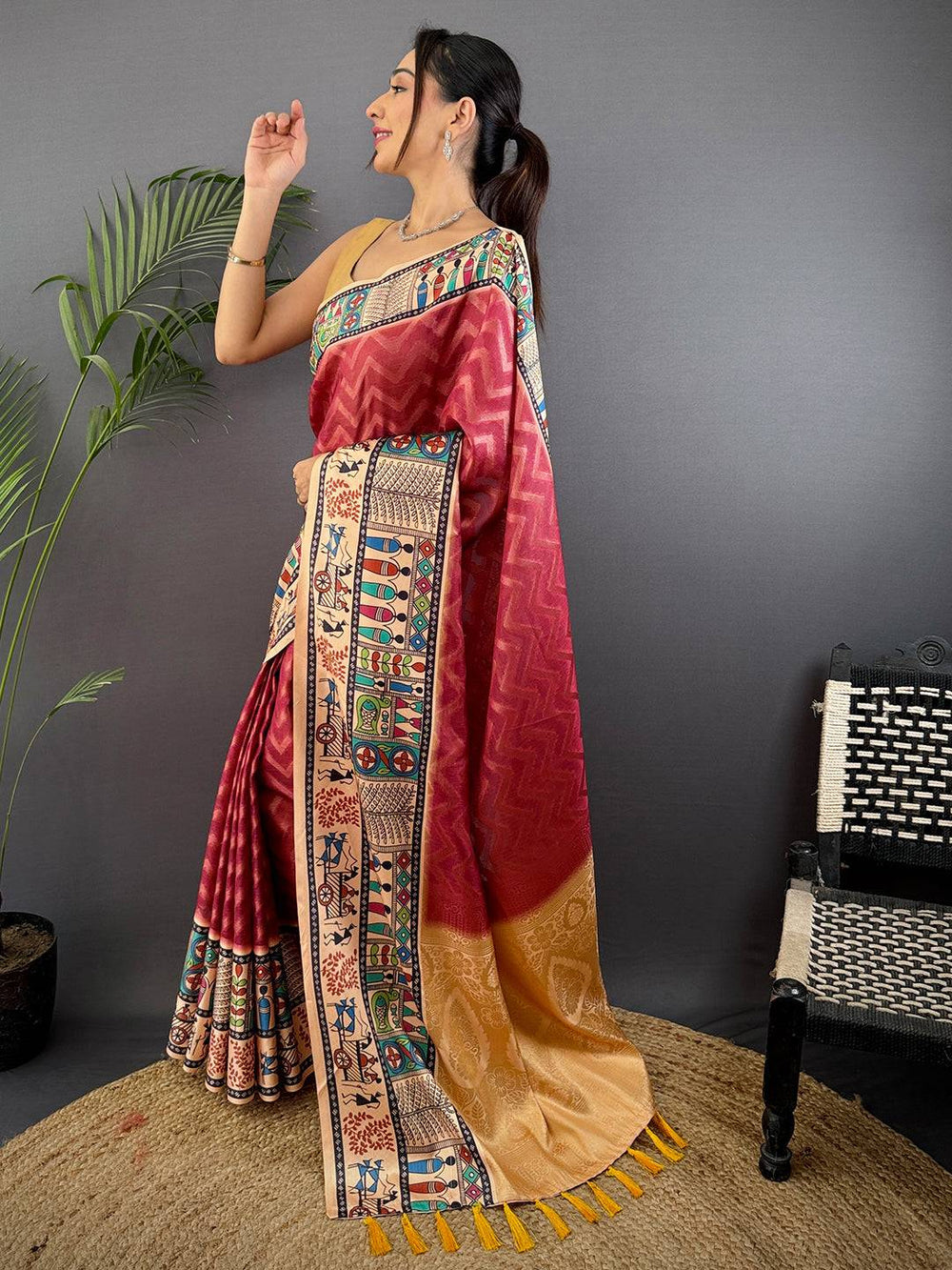 Blush Red Madhubani Print Soft Silk Saree
