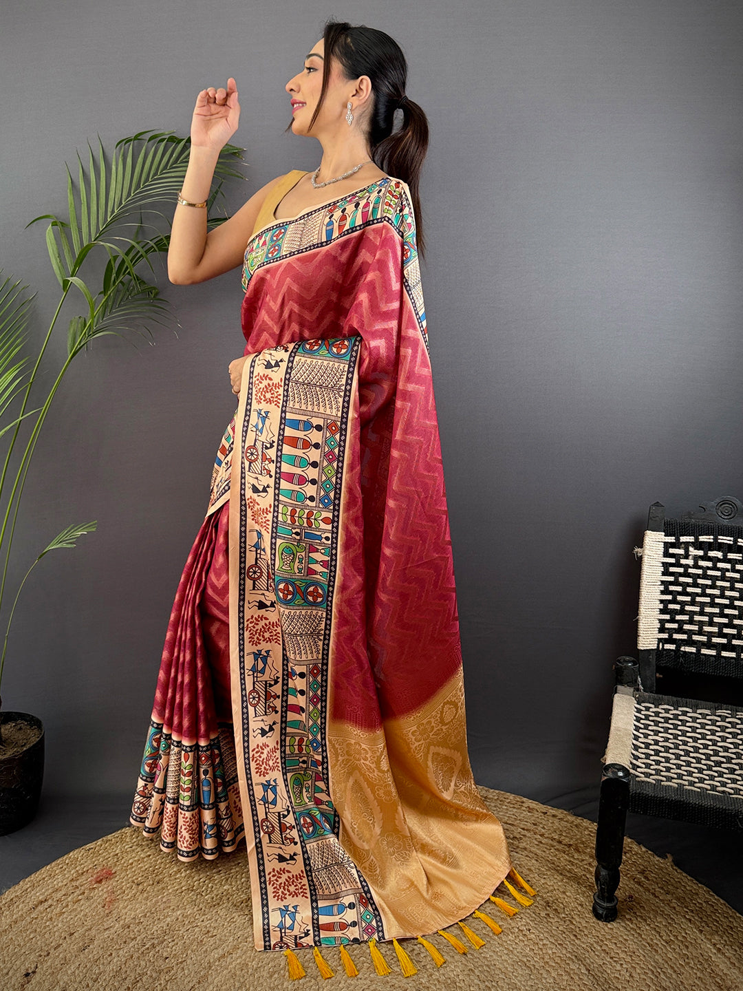 Blush Red Madhubani Print Soft Silk Saree