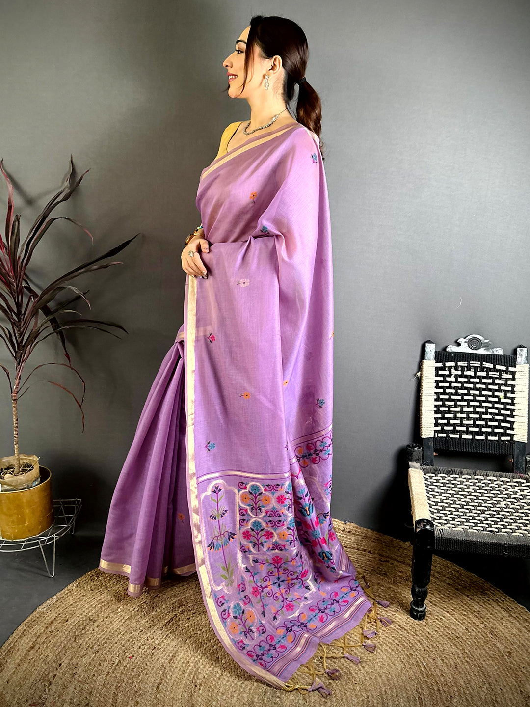 Lavender Minakari Khadi Cotton Saree