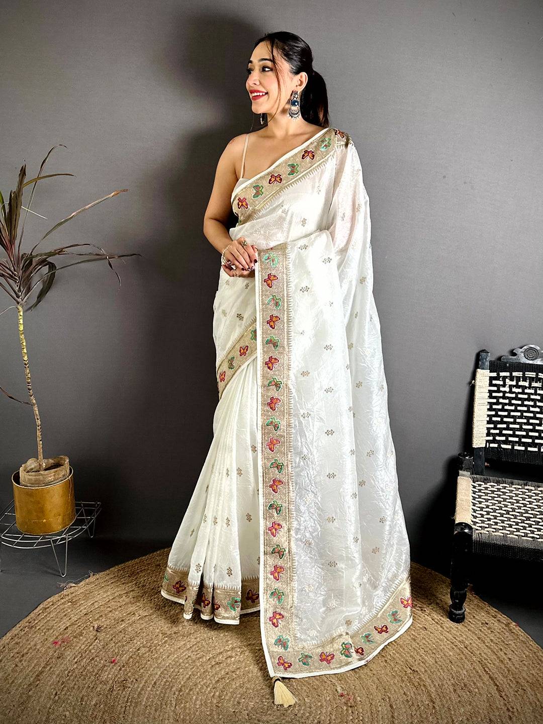 White Crush Silk Zari Embroidered Saree