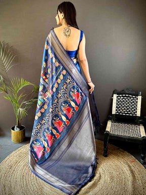 Light Blue Mughal Kalamkari Print Pashmina Saree
