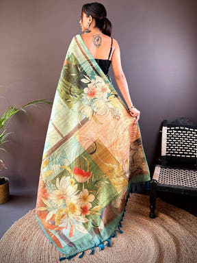 Back view of Rama Blue Zari Tussar Saree with floral pattern