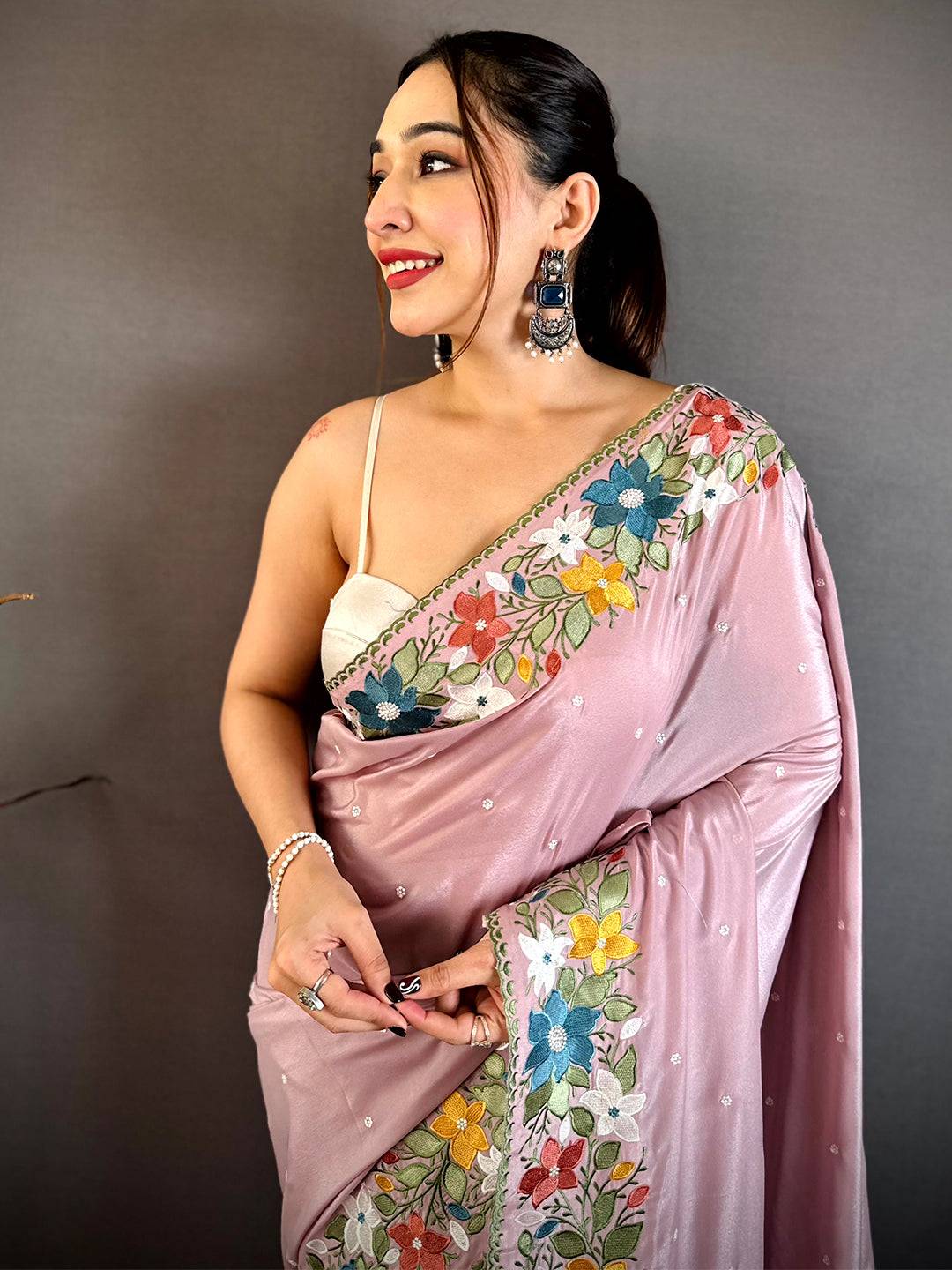 Celebrity Floral Embroidered Border Saree