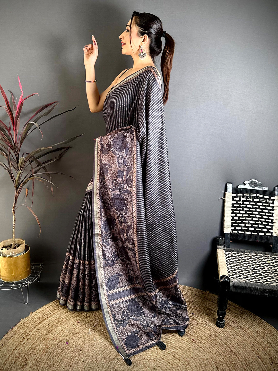Charcoal Grey Digital Katha Work Saree
