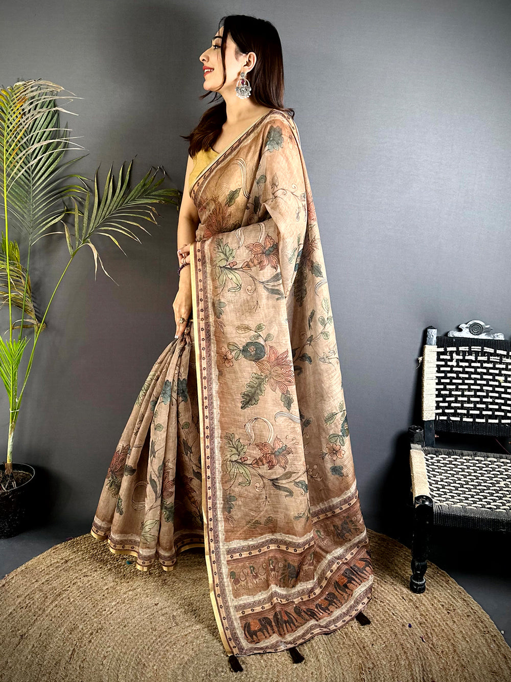 Stylish Dark Floral Linen Saree