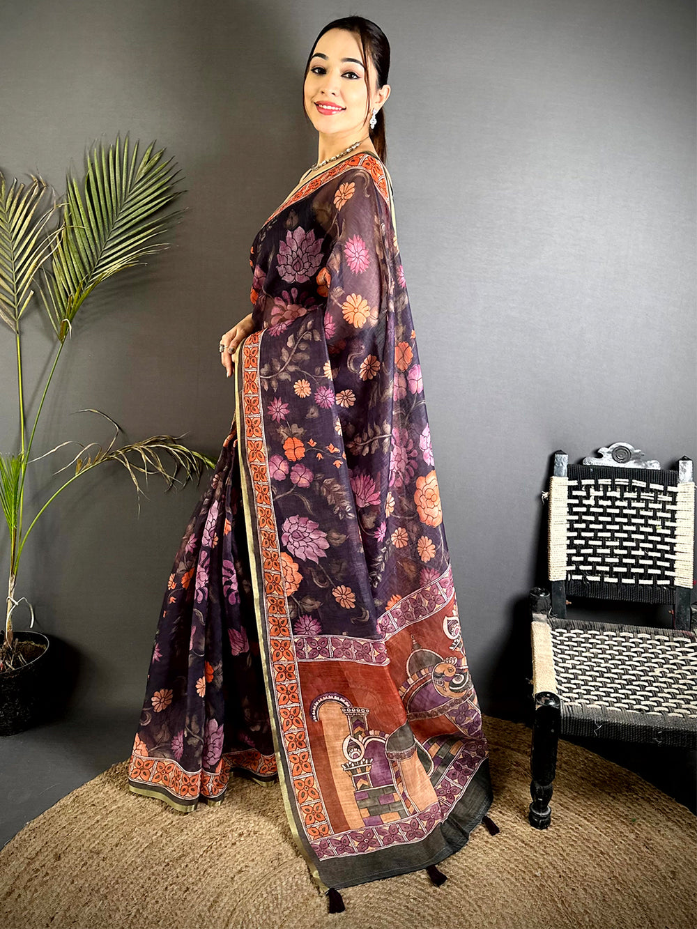 Royal Floral Kalamkari Soft Linen Saree