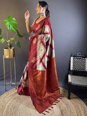 Maroon Tussar Silk Ikkat Weaving Saree

