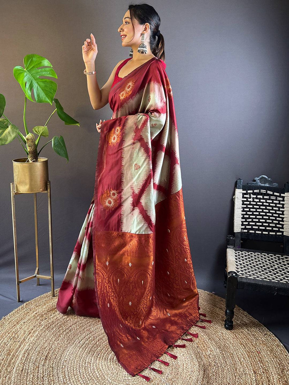 Traditional Maroon Tussar Silk Saree featuring Ikkat Weaving