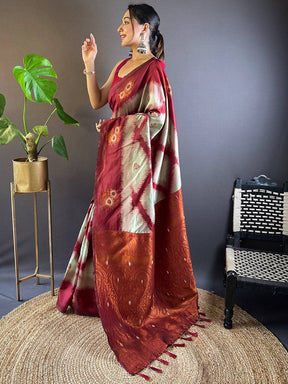Maroon Tussar Silk Ikkat Weaving Saree

