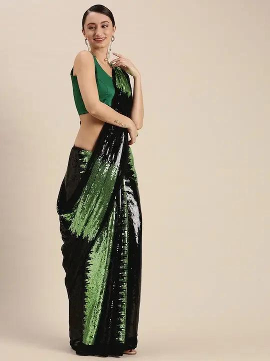 Poly Georgette Green Colour Embellished Sequinned Work Saree
