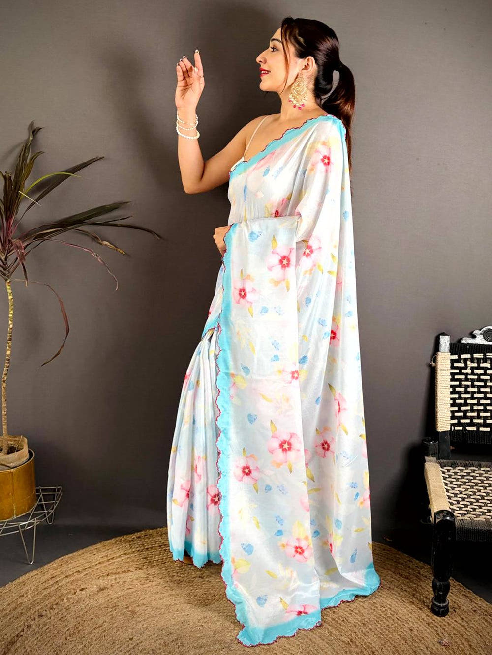 Off White Chinnon Embroidered Border Saree