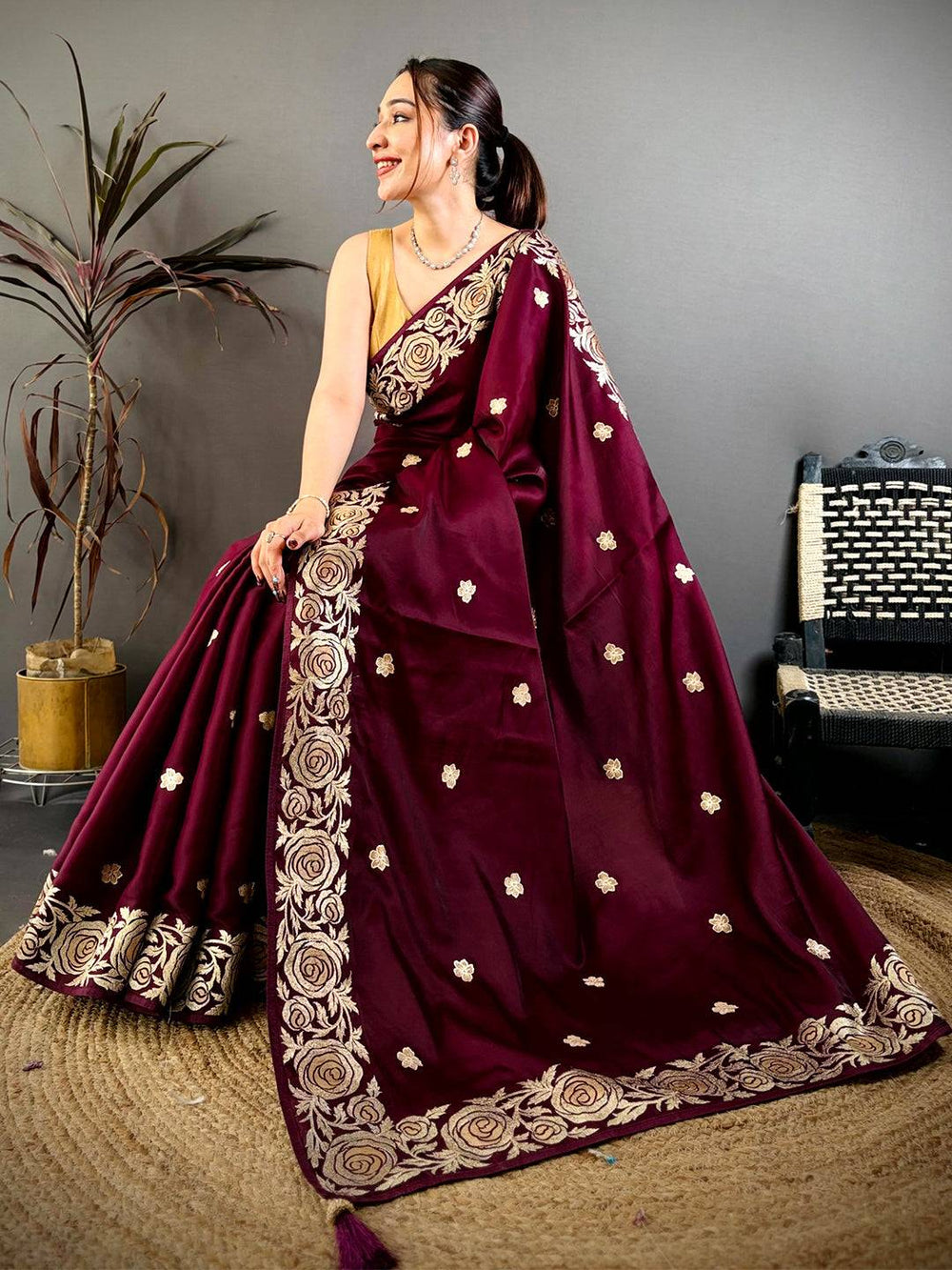 Wine Aari Jhalar Tussar Satin Saree