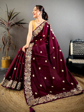 Wine Aari Jhalar Tussar Satin Saree