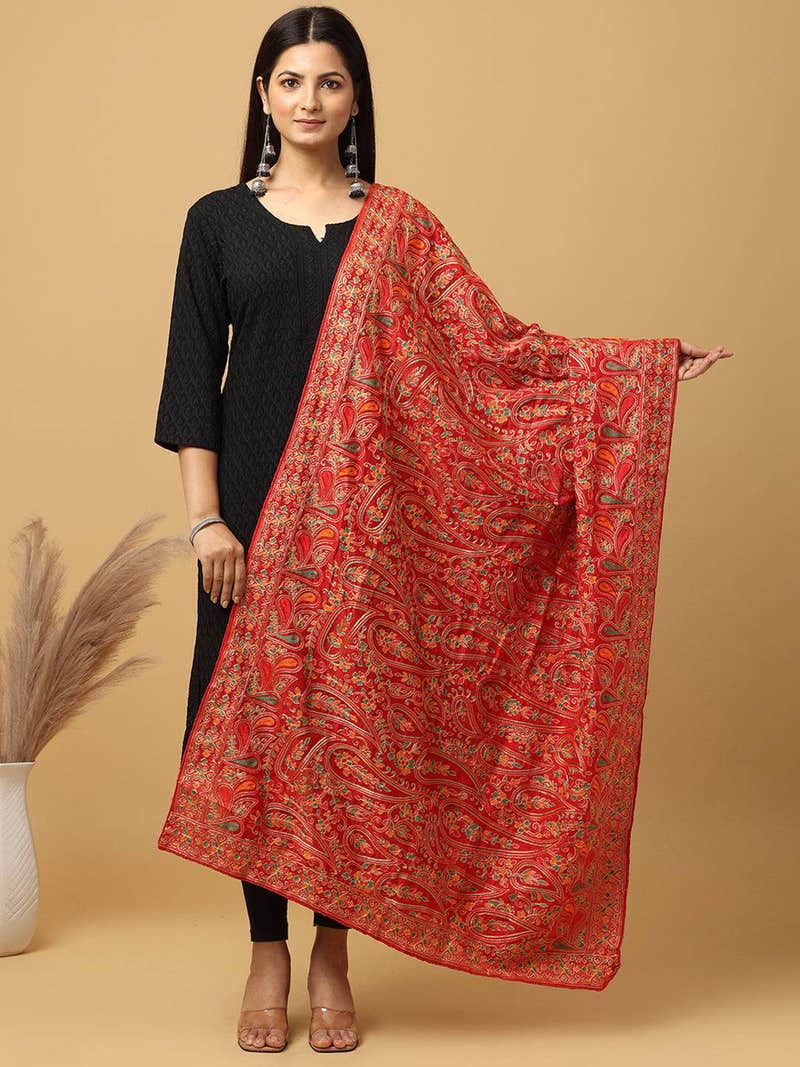 Red Fine Floral Paisley Pashmina Dupatta