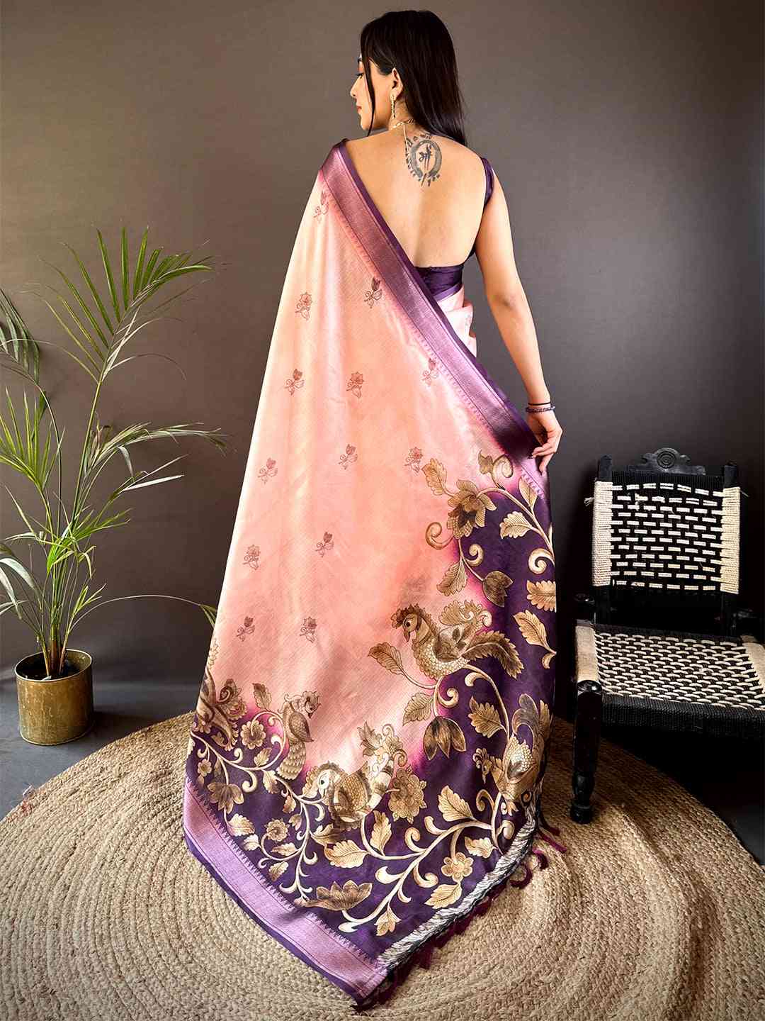 Pastel Pink Kota Doriya Zari Weave Digital Print Saree