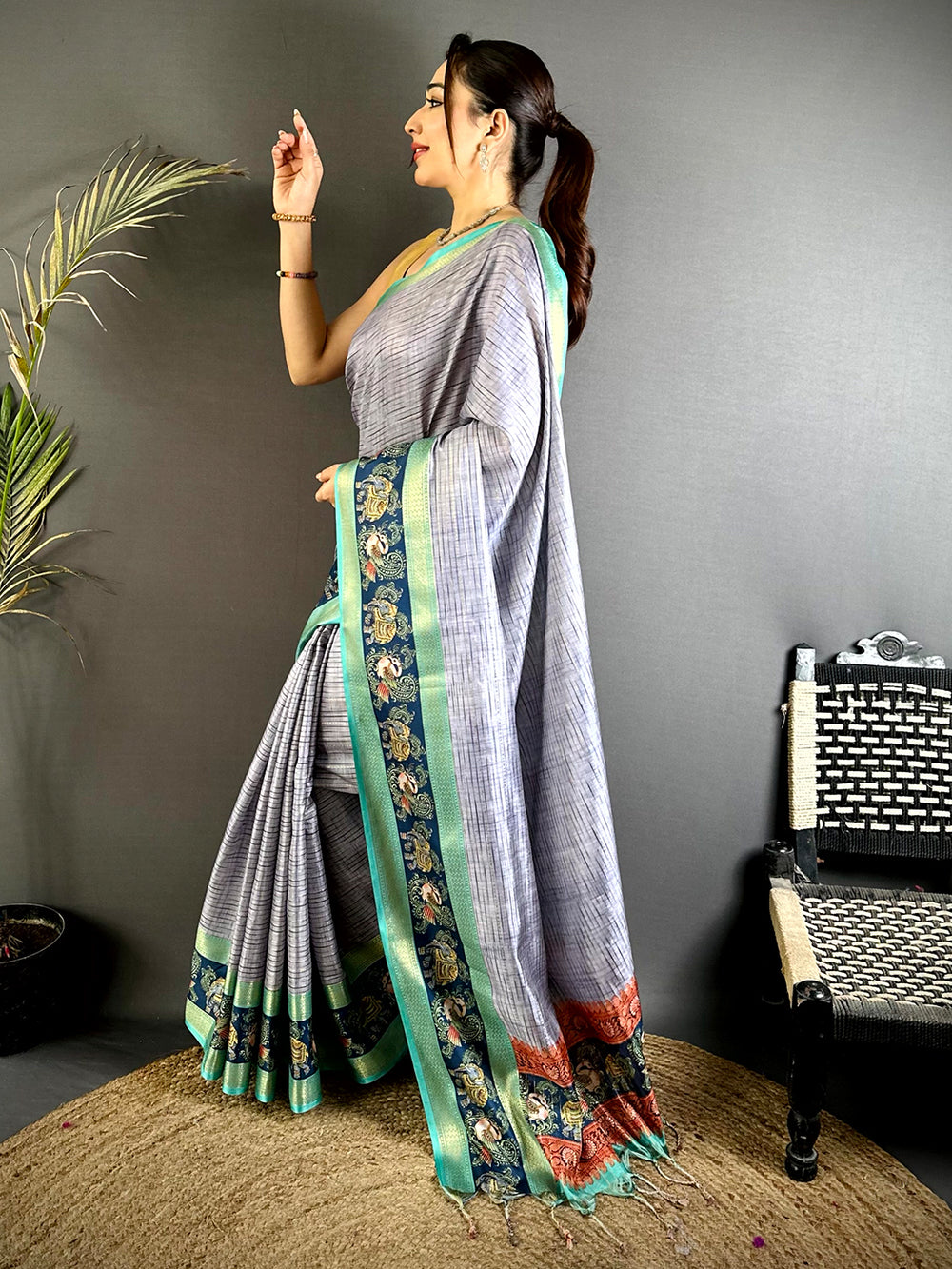 Steel Grey Tanjore Print Silk Saree