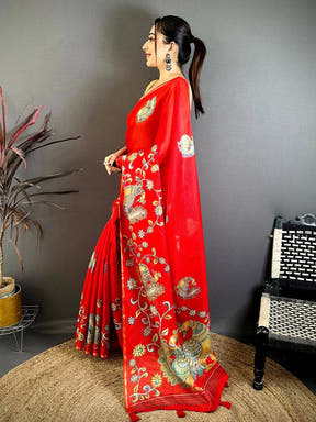 Red Peacock Kalamkari Kota Saree