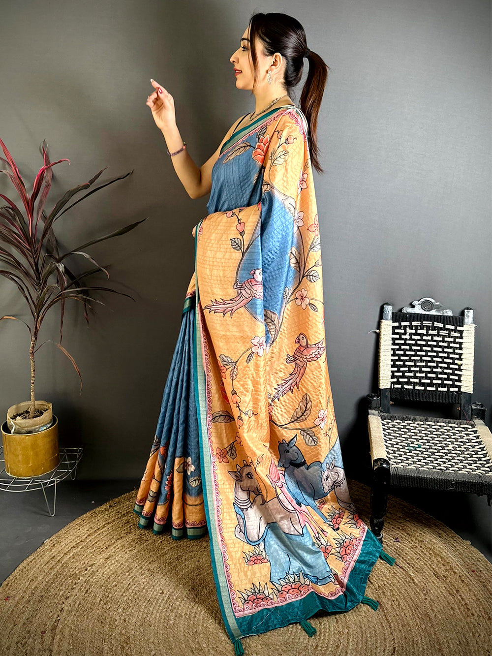 Vibrant Tussar Ghicha Digital Art Saree