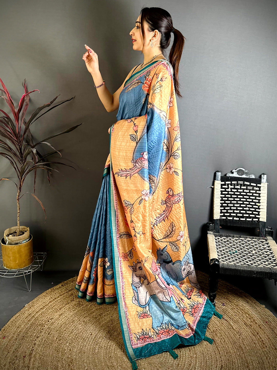 Vibrant Tussar Ghicha Digital Art Saree
