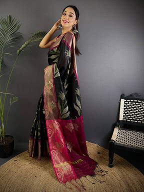 Black Soft Chanderi Pochampally Ikkat Saree