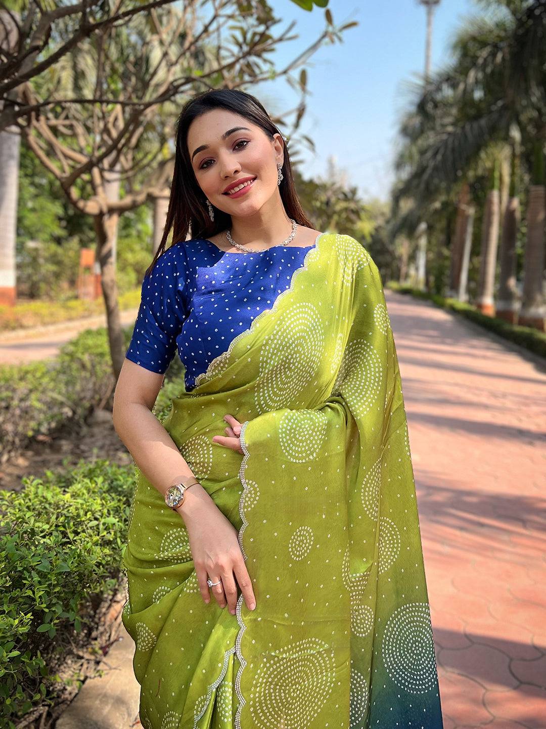 Georgette Silk Saree with Ombre Bandhej Print &  Stone Work