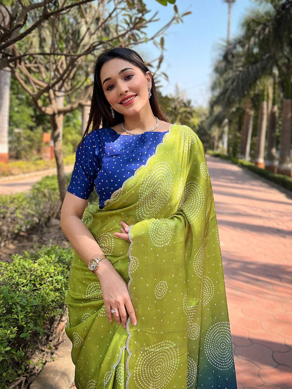 Georgette Silk Saree with Ombre Bandhej Print &  Stone Work