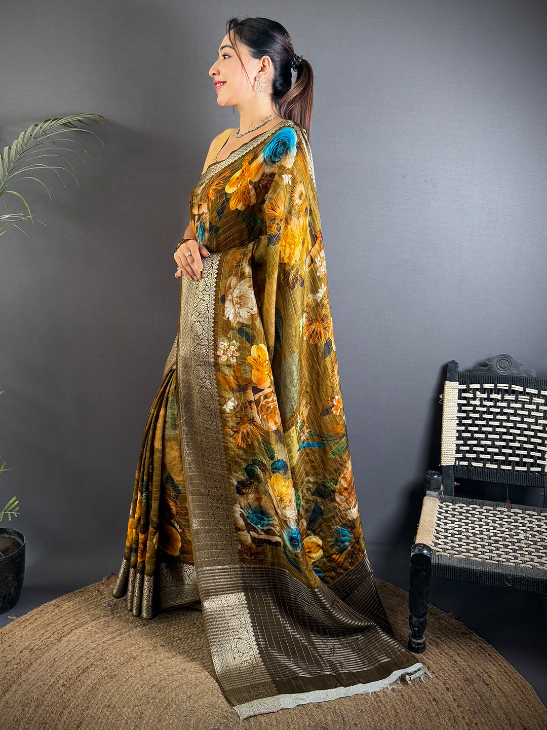 Graceful Olive Pure Viscose Floral Saree