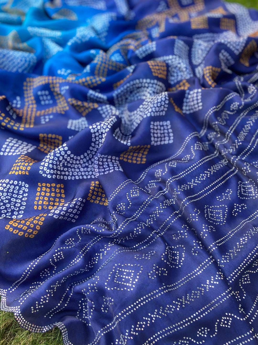 Georgette Silk Saree with Ombre Bandhej Print & Stone Work