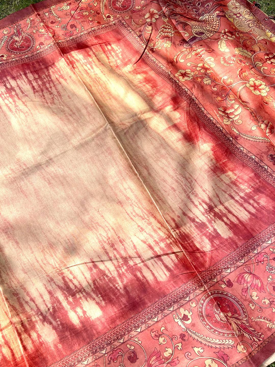 Maroon Colour Tussar Silk Saree With Batik and Kalamkari Print Border