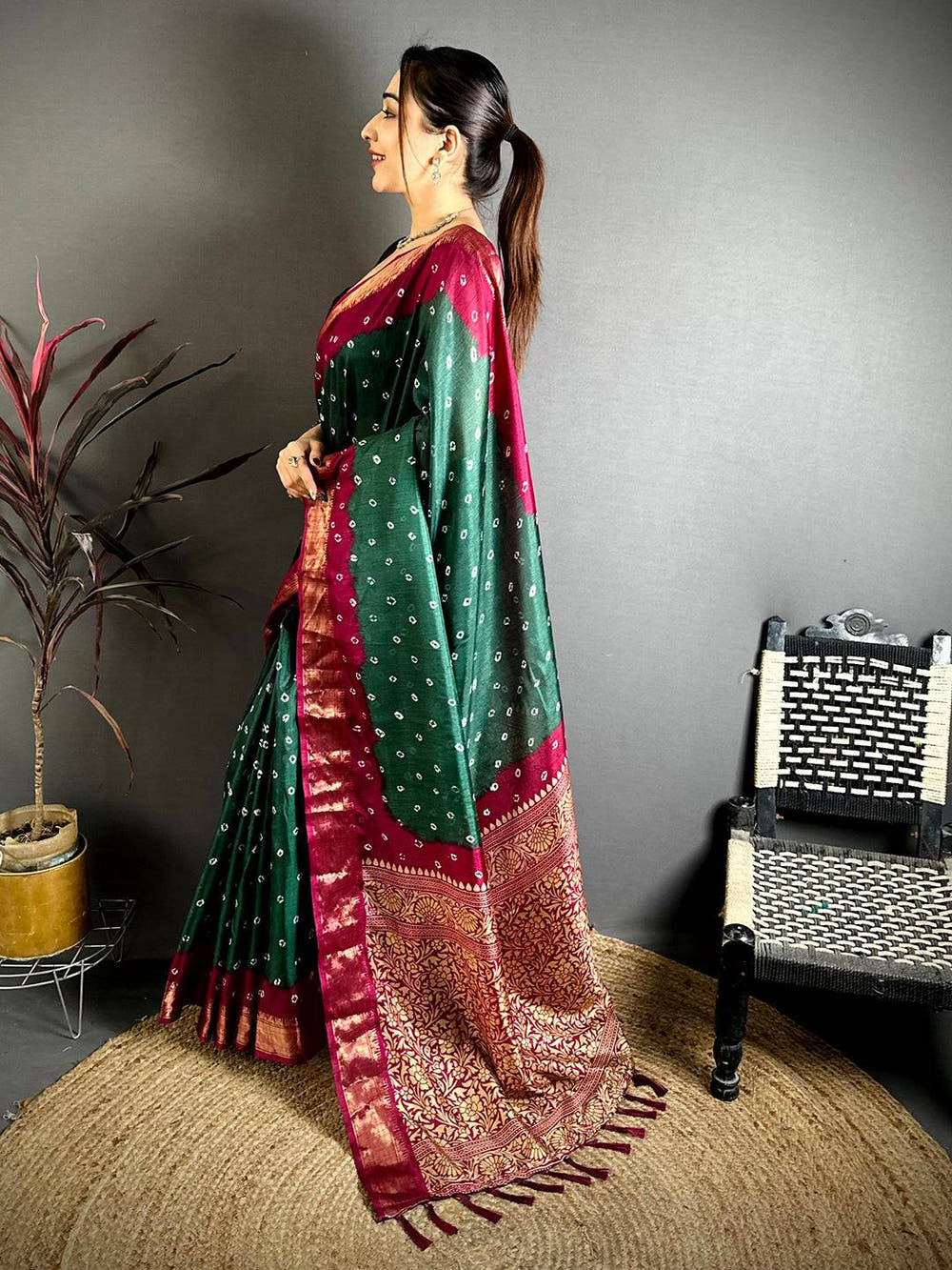 Green Bandhej Printed Dola Silk Saree