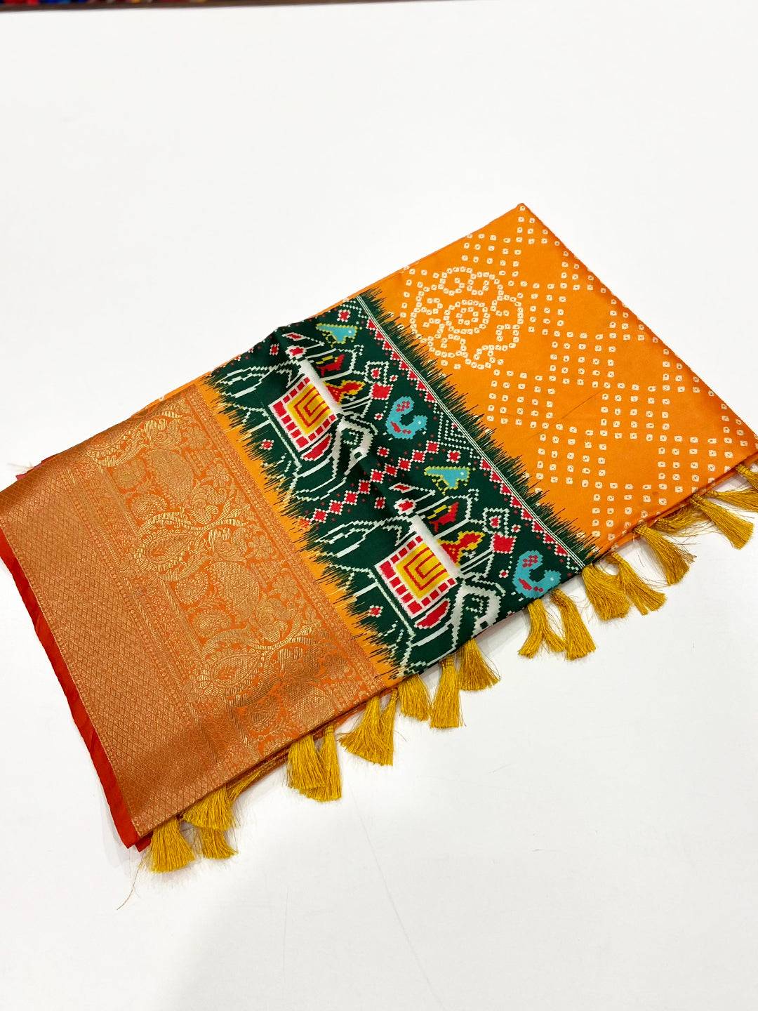 Orange Bandhej Printed Banarasi Saree