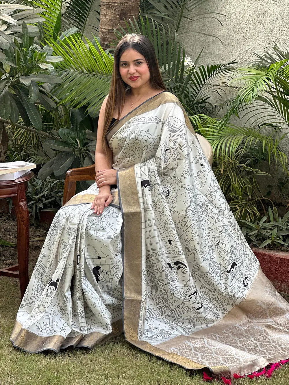 Elegant Kalamkari saree with intricate block print design