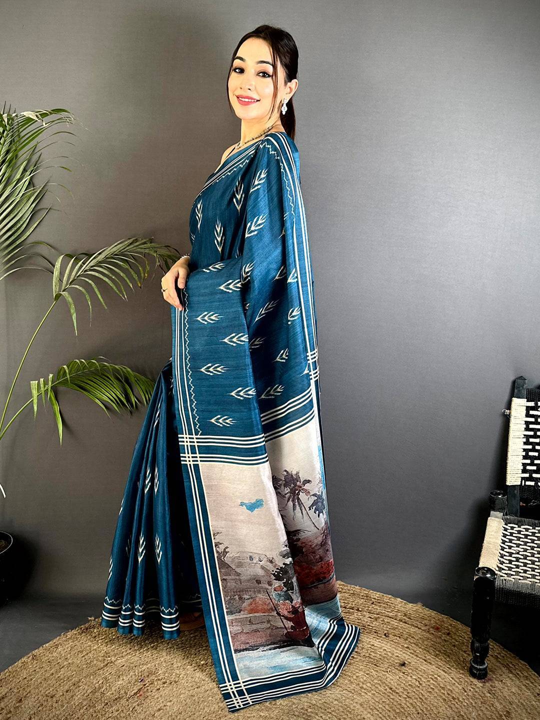 Elegant Navy Bold Ikkat Tussar Saree

