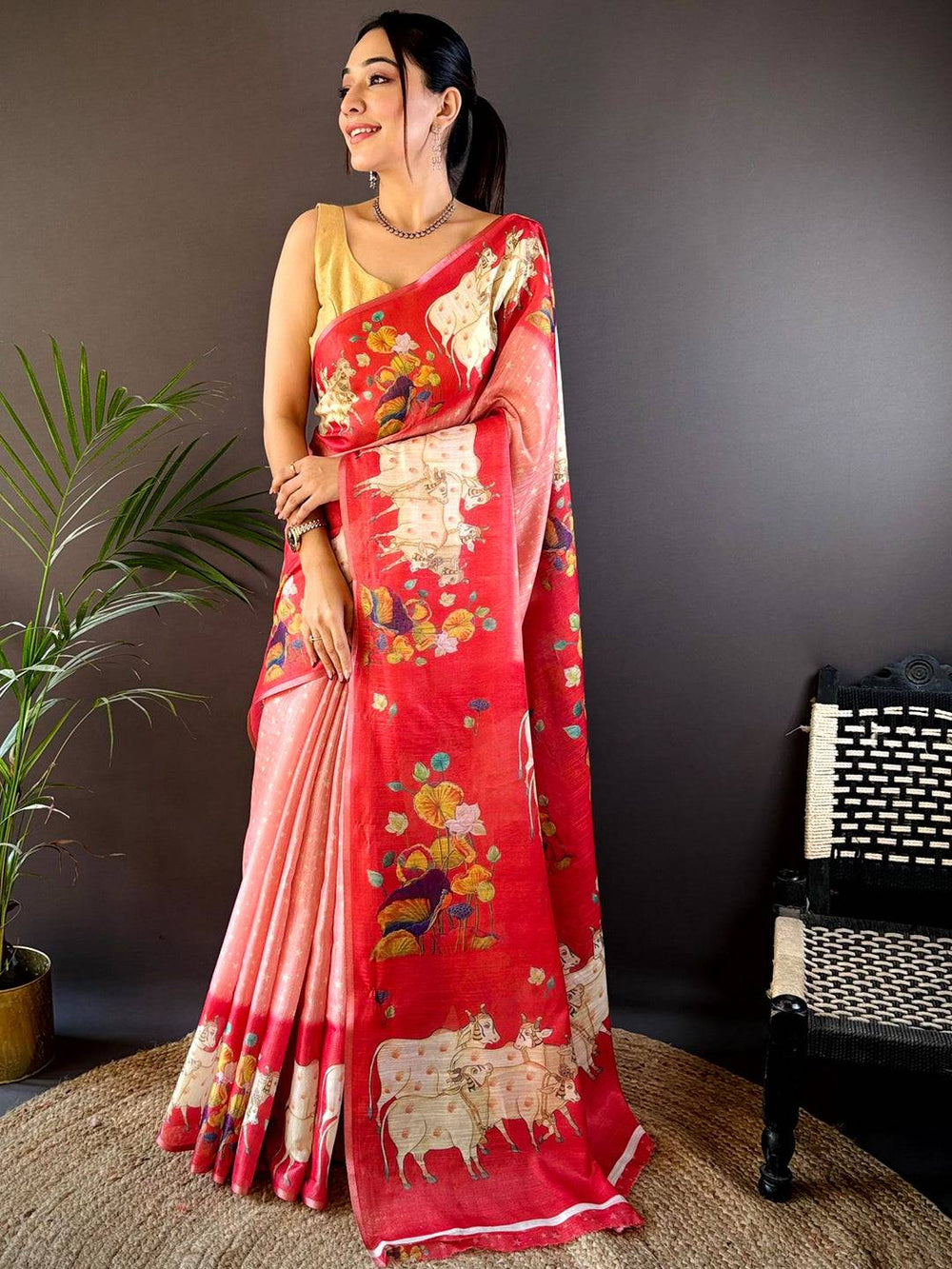 Red Chanderi Pichwai Print Saree