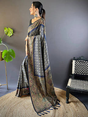 Navy Blue Patola And Kalamkari Fusion Saree