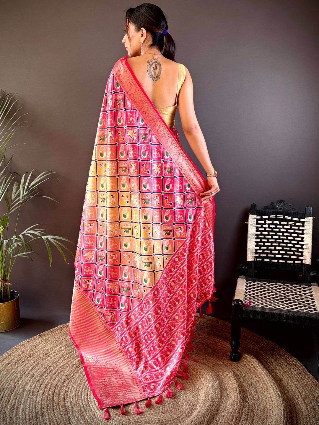 Back view of Ombre Peach Soft Silk Saree with Patola pattern