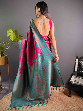 Back view of deep pink silk saree with floral patterns