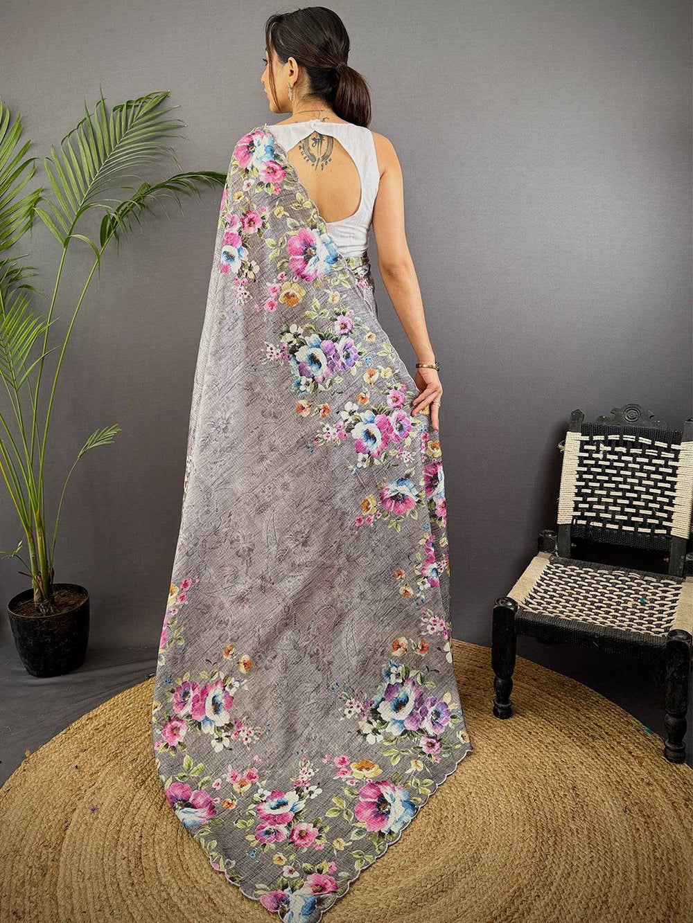 Charcoal Grey Floral Cut Work Kota Saree