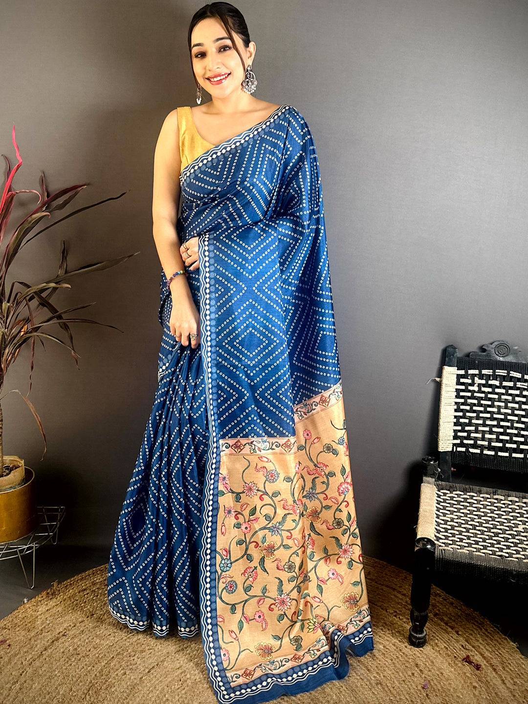 Radiant Tussar Bandhej Kalamkari Saree