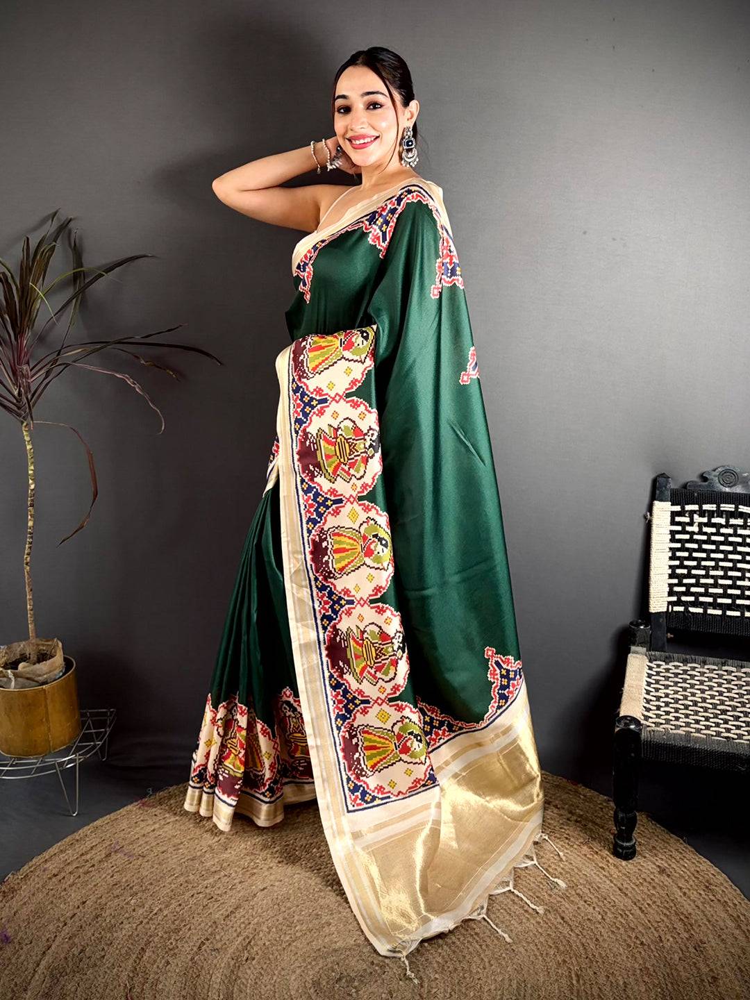 Green Patola Print Soft Kanchi Silk Saree