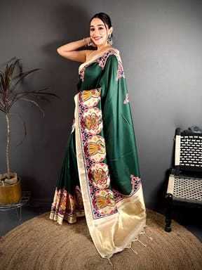 Green Patola Print Soft Kanchi Silk Saree