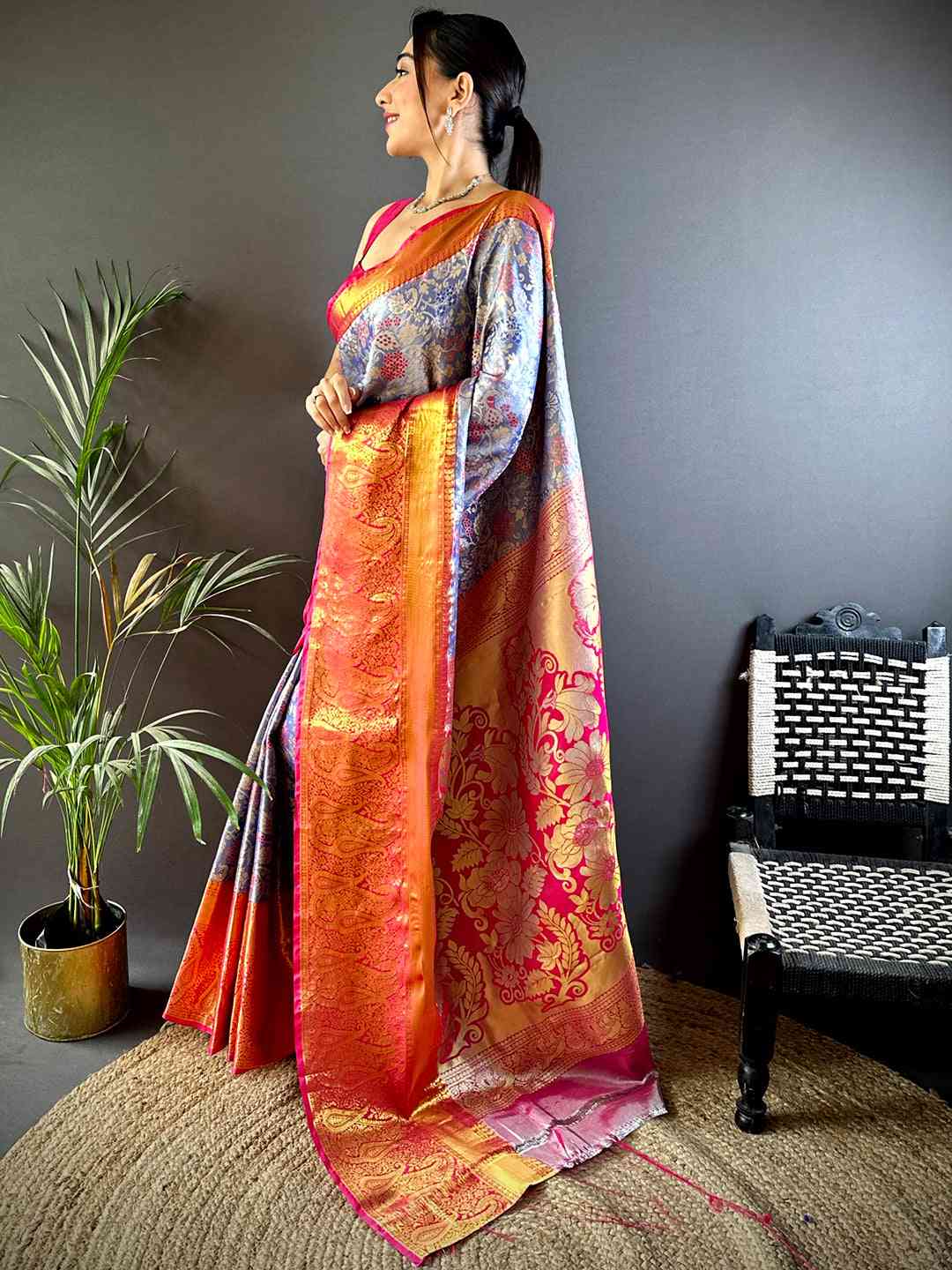 Royal Blue Dharmavaram Silk Floral Saree